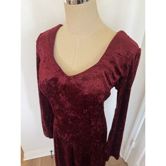 Vintage 80s Molly Malloy Size 8 Crushed Velvet Maroon Red Midi Dress Open Back - Picture 5 of 13